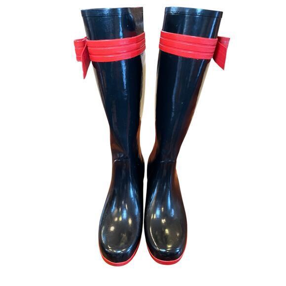Kate Spade Women 9 Randi Black and Red Bow Heel Rain Boots Shiny Black Rain Boot - Picture 7 of 16